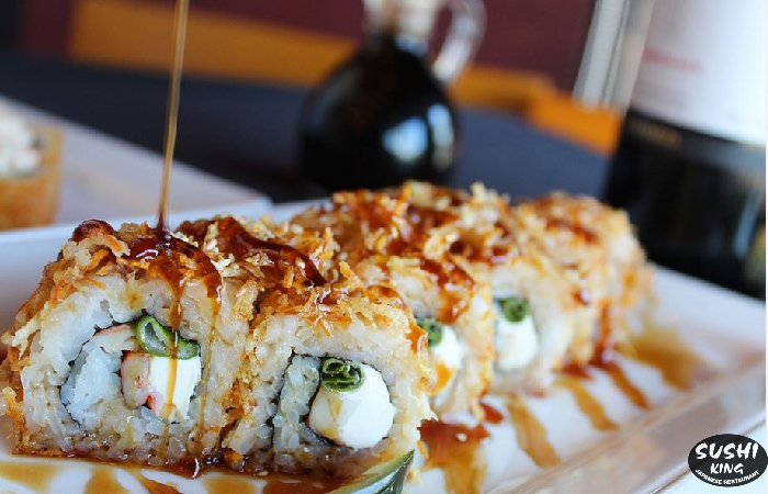 brown sauce on sushi
